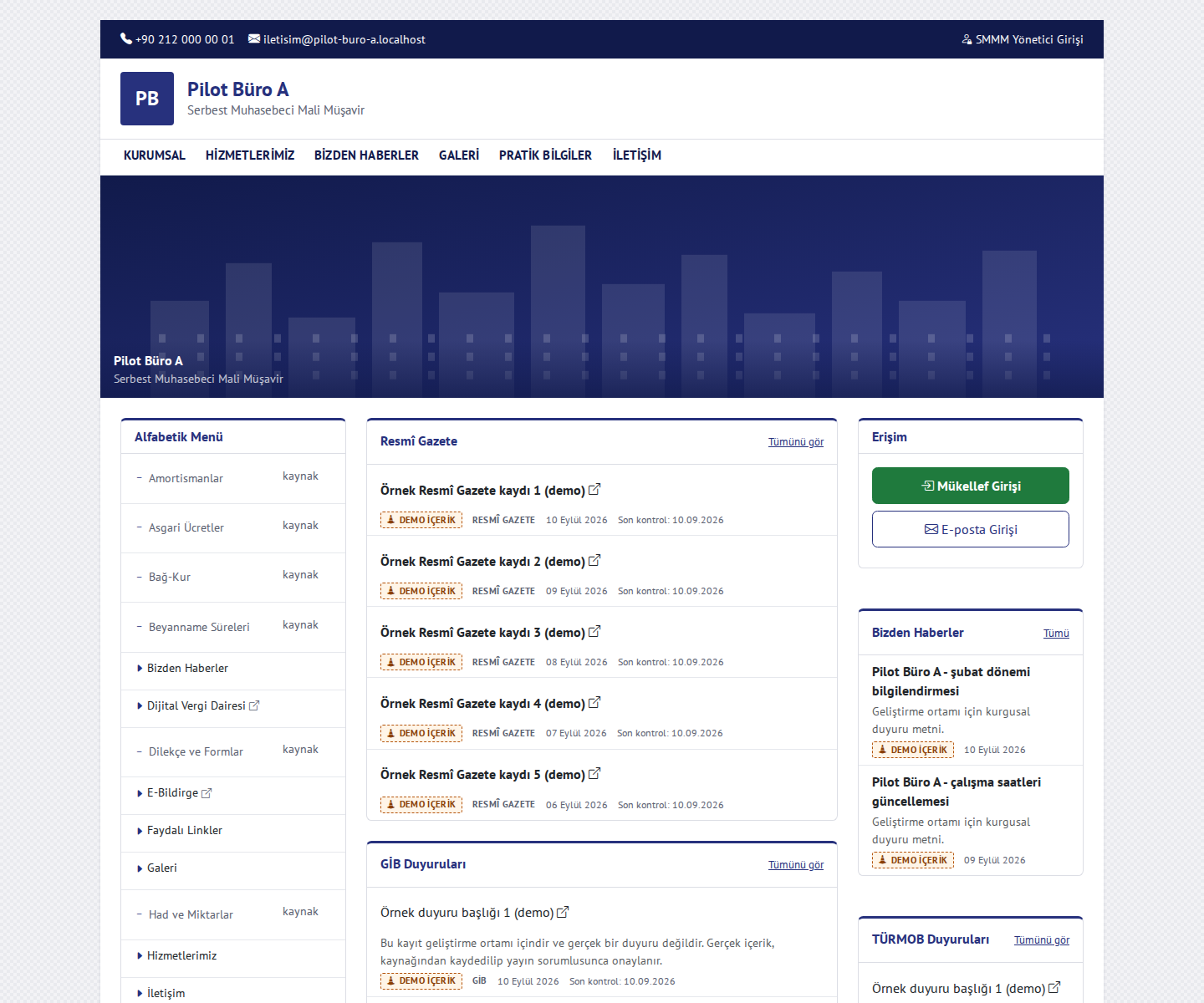 Örnek bir mali müşavirlik bürosunun web sitesi ana sayfası