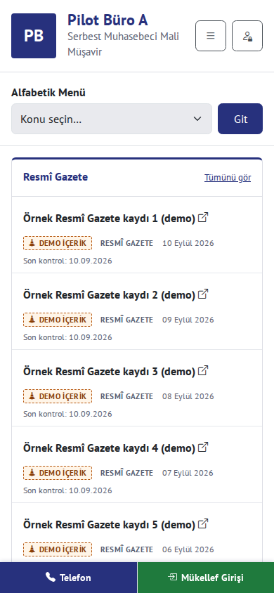Örnek sitenin telefon genişliğindeki görünümü